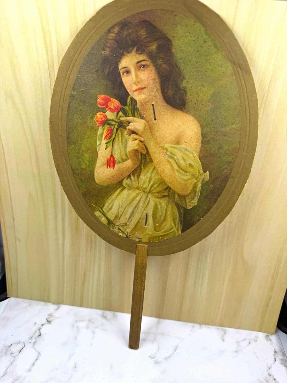 Vtg 1920s Advertising Paper Hand Fan Stock Sample Tulips Woman Portrait Wood